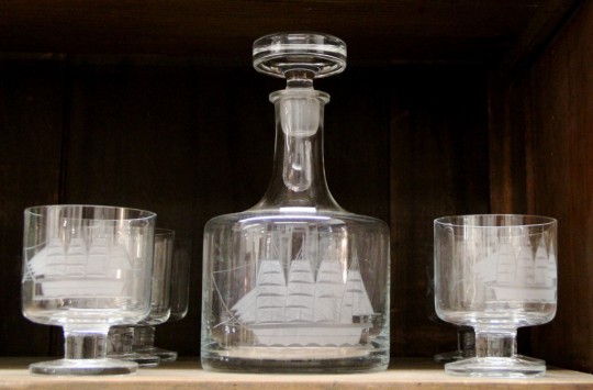 Ship Decanter and Six Glasses Cut Glass