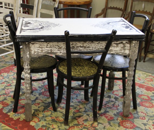 Enamel Table with Horses & Four Black Chairs