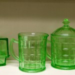 Green Depression Glass- One Pound Butter Dish, Cream and Sugar, Maple Syrup Pitcher