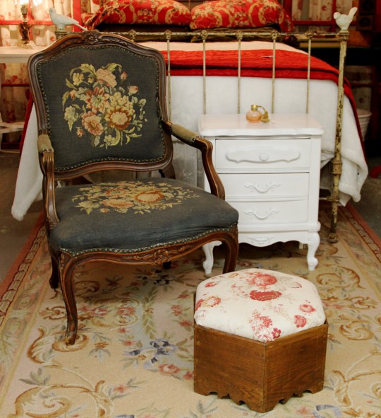 Needlepoint Chair, Ottoman, Two-Drawer White Stand & Hooked Rug