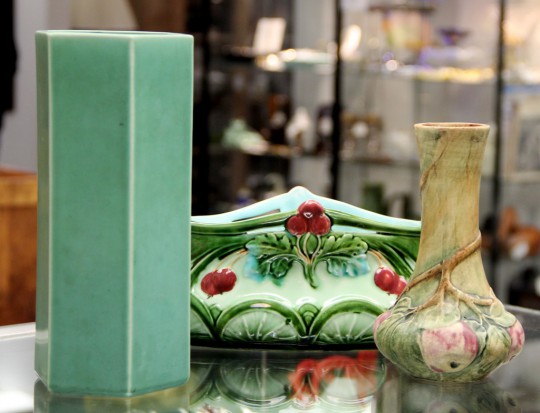 Rookwood Pottery Vase, Austrian Art Nouveau Majolica Pottery, Weller Baldwin Apple 7" Vase