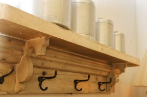 Antique Clock Shelf with Hooks and Old Paint