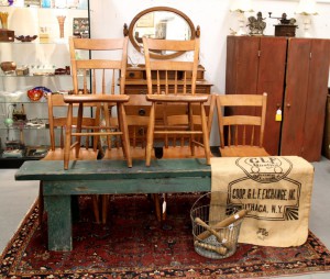 Great Green Primitive Bench, Set of Six Antique Plank Seat Chairs, GLF Burlap Feed Bag