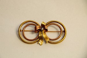 Tiffany & Co. 1940s-50s 14K Yellow Rose and White Gold Bow Pin with Diamond
