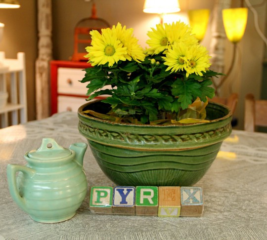 Green Stoneware Bowl $45, Teeny Teapot $15, PYREX Blocks $7 ~ Vignette Booth