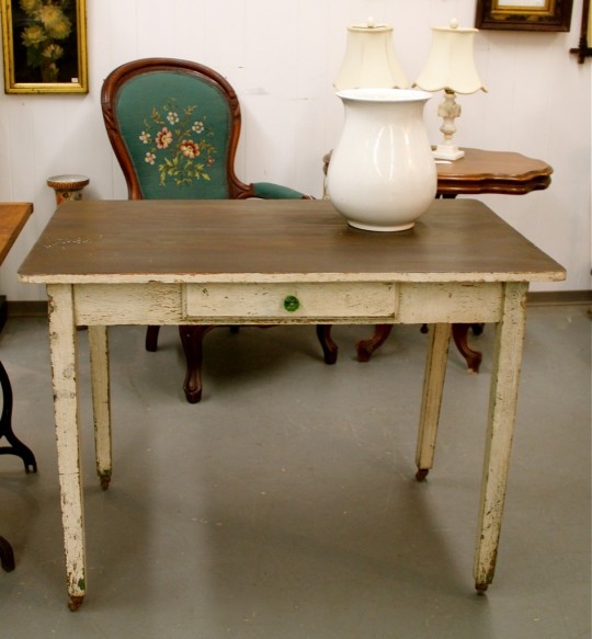 Antique One-Drawer Work Table & Old Ironstone