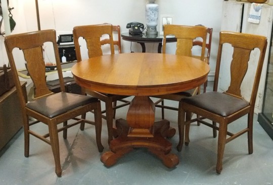 Antique Tilt-Top Pedestal Table (SOLD) & Four Oak T-Back Chairs
