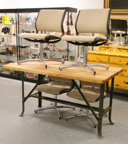 Industrial Butcher Block Work Table & Upholstered Steelcase Dining Chairs