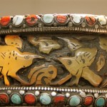 Large Tibetan Cuff Bracelet - Cut Silver Inside and Out, Carved Amber, Coral & Cabochons at Rim