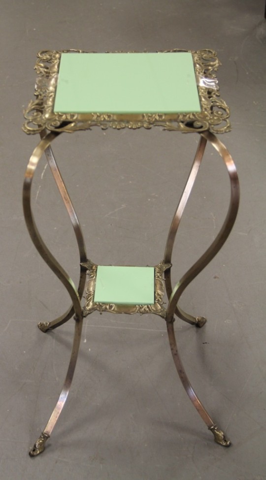 Antique Solid Brass Plant Stand with Jadite Glass Inserts