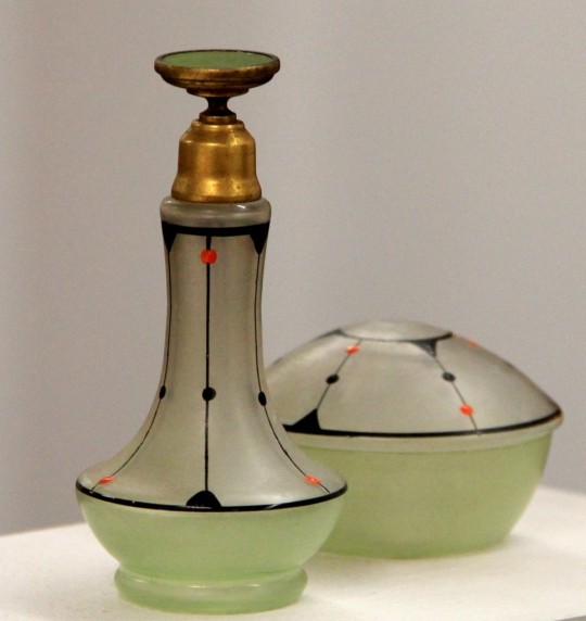 Art Deco Enamel Czech Perfume Bottle and Dresser Jar