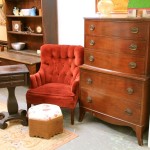 Two Drawer Drop Leaf Empire Side Table, Sweet Red Chair, Floral Ottoman & Tall Dresser (SOLD)