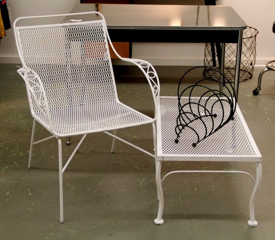 Vintage 1960's Wire Garden Chair & Vintage Metal Garden Coffee Table (SOLD) & Mid-Mod Wire Rack