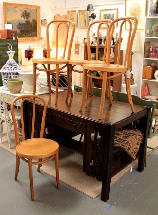 Four Bentwood Thonet Chairs & Mission Oak Desk