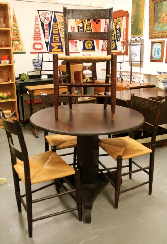 Small Antique Empire Tilt Top Table & Four Hitchcock Style Rush Seat Chairs