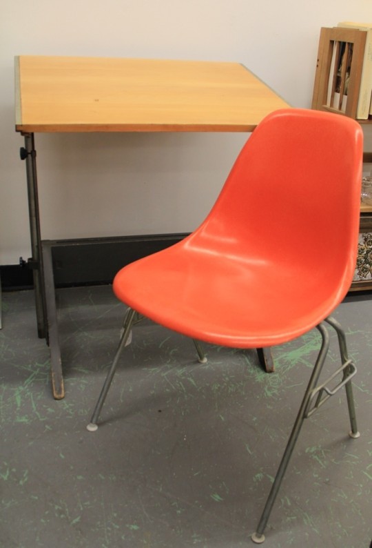 Vintage Mayline Drafting Table (SOLD) & Orange Mid-Century Herman Miller Shell Chair