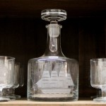Ship Decanter and Six Glasses Cut Glass