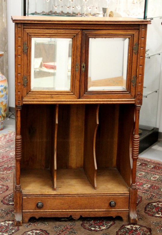 Antique Oak Music Cabinet with Beveled Mirrored Doors