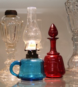 Blue Finger Hold Oil Lamp & Hand Blown Ruby Red Perfume Bottle