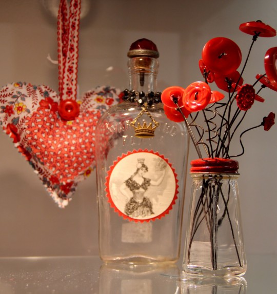 Fabric Heart, Art Bottle (SOLD) by Amanda Sexton & Red Button Bouquet