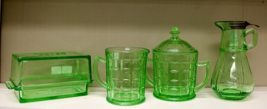Green Depression Glass- One Pound Butter Dish, Cream and Sugar, Maple Syrup Pitcher