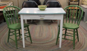 Sellers 1920s Enamel Work Table, Pair of Green Farm Chairs, Green Yellow Ware Mixing bowl