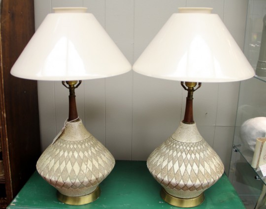 Authentic Teak and Pottery Table Lamps Mid-Century Danish Mod Style