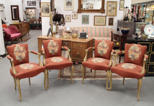 Four 19th Century Louis XIV Style French Chairs with Linen and Needlepoint Upholstery