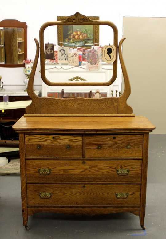 Oak Two-Over-Two Dresser with Mirror