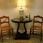 Mahogany Glass Top Lyre Table, Vintage Chrysanthemum Table Lamp, Pair of Carved Cane Seat Chairs