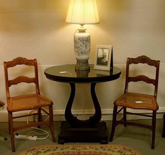 Mahogany Glass Top Lyre Table, Vintage Chrysanthemum Table Lamp, Pair of Carved Cane Seat Chairs