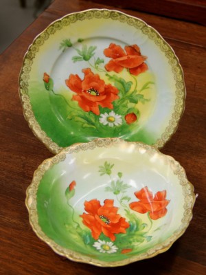 Orange Poppy Handpainted Plate and Bowl Prussia ca. 1905