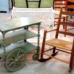Antique Wicker Ferner, Green Tea Cart, Rush Seat Rocking Chair