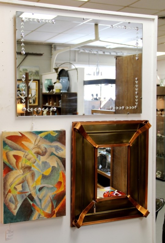 Etched Deco Mirror, Brass and Copper Mid-Century Mirror & Thomas Mitz Painting (1980s)