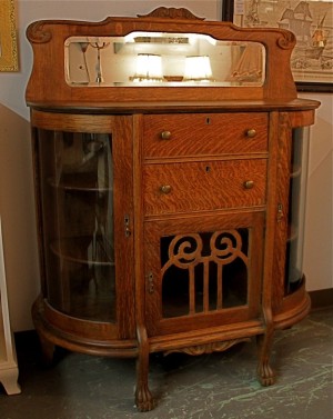 Petite Tiger Oak Breakfront with Curved Glass