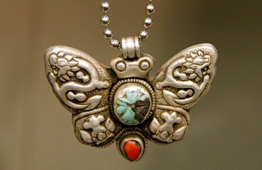 Big Big Silver Tibetan Protection Amulet Butterfly with Hand-carved MelonTurquoise and Coral Stones (SOLD)