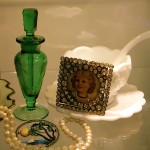 Green Perfume Bottle, Rhinestone Frame; Westmoreland Milk Glass Condiment Bowl with Spoon, Faux Pearl Necklace