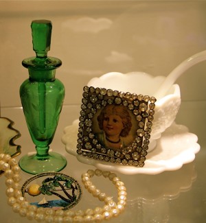 Green Perfume Bottle, Rhinestone Frame; Westmoreland Milk Glass Condiment Bowl with Spoon, Faux Pearl Necklace