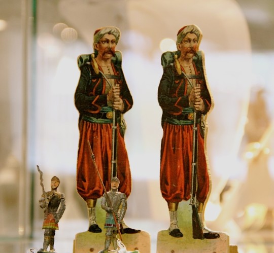 Pair of Toy Paper Soldiers, ca 1860 from a child's game & Pair of Heyde Knights Dresden, ca. 1920