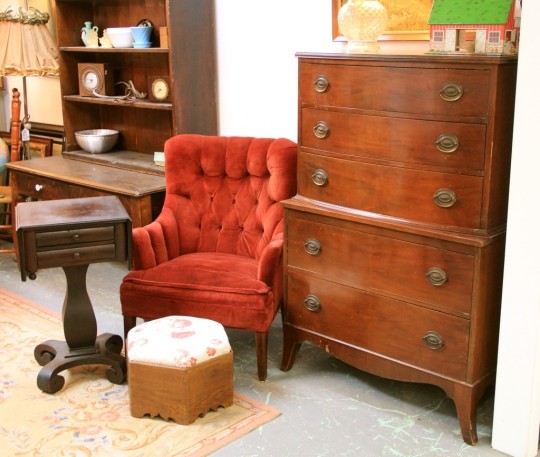 Two Drawer Drop Leaf Empire Side Table, Sweet Red Chair, Floral Ottoman & Tall Dresser (SOLD)