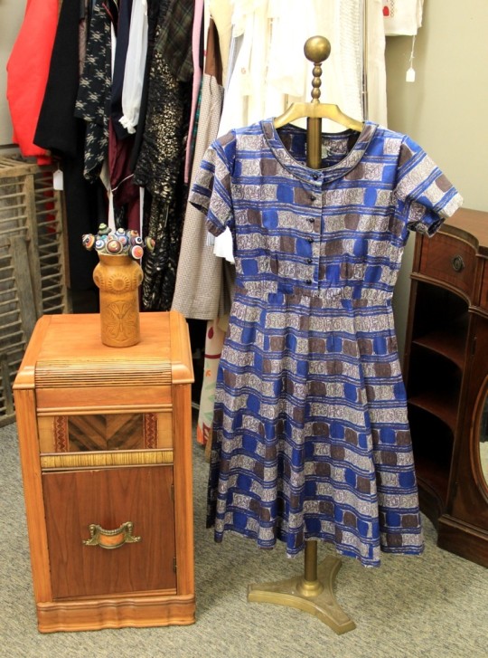 Vintage Blue Print Dress, McCoy Vase & Button Bouquet