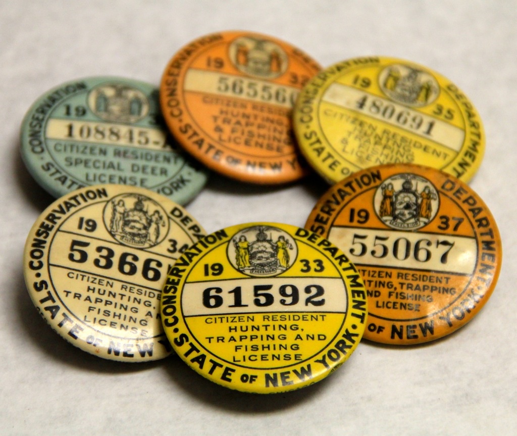 FOUND in ITHACA » Six 1930s NYS Hunting, Fishing, Trapping License Pins