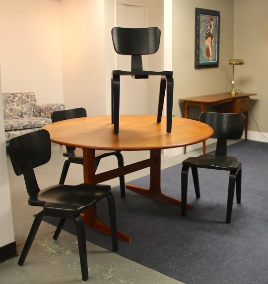 Danish Teak Gate-Leg Drop-Leaf Table $895; Four Vintage Painted Bentwood Library Chairs from Penn State University $295