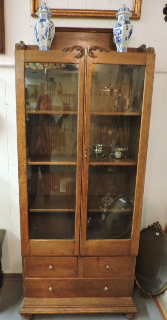 Antique Oak Glass Door Bookcase With 3, Bookcases With Glass Doors And Drawers